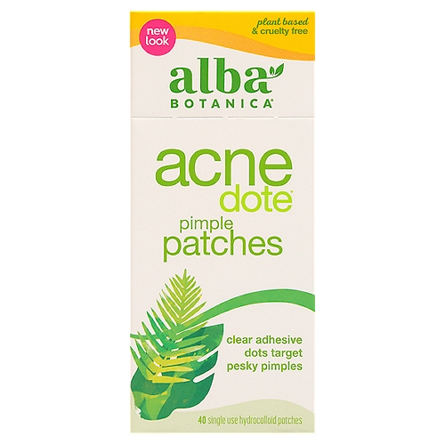 Alba Botanica® Acnedote® Pimple Patches 40 ct Box
On-the-Spot Solutions When a big, active pimple has got to go, stick on one of these clear little fluid-absorbing dots and let it work its magic. Each remarkable little patch is made with an absorptive hydrocolloid material that zits loathe and we love. When applied properly, the tight seal helps skin maintain moisture. Each patch focuses directly on the problem while creating a non-drying, occlusive barrier that helps keep grime out and prevents touching and picking. Invisible patches virtually disappear on skin and stay in place even while you sleep.; Clear adhesive dots target pesky pimples.; Each package contains 20 small patches, 20 large patches.