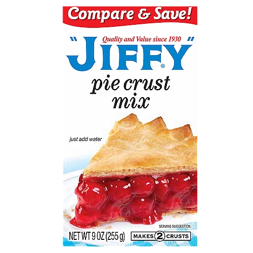 JIFFY Pie Crust Mix, 9 oz
“JIFFY'' Pie Crust Mix is a quick & easy way to make flaky pie crust, delicious cookies, and more. This appetizing mix is the perfect base to any pie, sweet or savory, and can be used to create many of our terrific “JIFFY'' recipes, or your own signature dish. Just mix it up, roll it out and add the fillings of your choice.