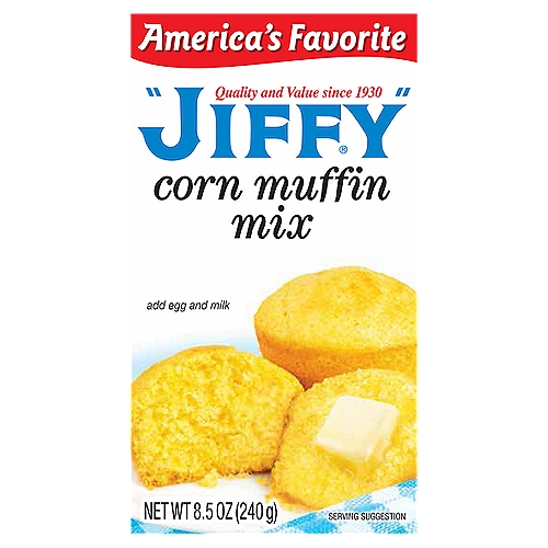 JIFFY Corn Muffin Mix, 8.5 oz
“JIFFY'' Corn Muffin Mix bakes into a golden, delicious muffin or sweet cornbread. America's Favorite mix is a staple for any pantry, as it compliments any barbeque or chili dish. Create your next holiday meal with our many delicious “JIFFY'' recipes, or create your own signature treat.

At “JIFFY'' we know corn muffins!