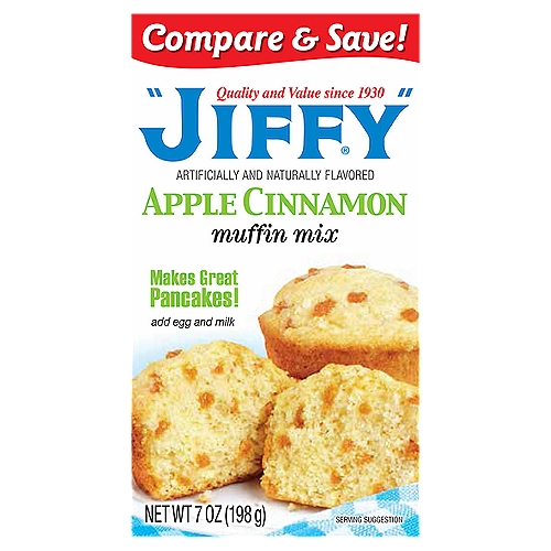 “JIFFY'' Apple Cinnamon Muffin Mix is made with real cinnamon and bakes into a mouthwatering, sweet muffin with an abundance of apple-flavored bits. This mix bakes into tender, aromatic treats and is great for pancakes & waffles. Your kids will love to help you bake quick & easy “JIFFY'' recipes or your own signature dessert.