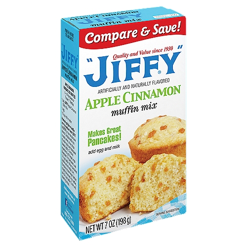 JIFFY Apple Cinnamon Muffin Mix, 7 oz 
“JIFFY'' Apple Cinnamon Muffin Mix is made with real cinnamon and bakes into a mouthwatering, sweet muffin with an abundance of apple-flavored bits. This mix bakes into tender, aromatic treats and is great for pancakes & waffles. Your kids will love to help you bake quick & easy “JIFFY'' recipes or your own signature dessert.