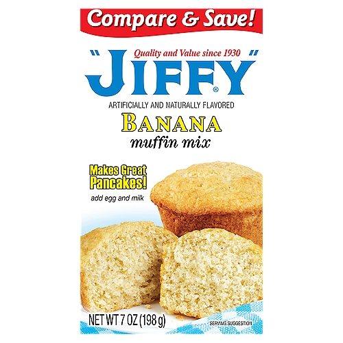 Jiffy Banana Muffin Mix, 7 oz
“JIFFY'' Banana Muffin Mix is made with real banana and bakes into a tasty, golden muffin. This mix is easy to prepare and makes great pancakes & waffles. Get your family together and create after-school snacks, aromatic breakfast sides, one of our many delicious “JIFFY'' recipes, or your own signature treat.
