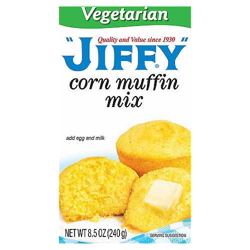 “JIFFY'' Vegetarian Corn Muffin Mix bakes into a tasty, golden muffin or cornbread. This vegetarian mix is interchangeable for America's Favorite “JIFFY'' Corn Muffin Mix, as it compliments any soup, salad, or dish. Create your next family dinner with our many delicious “JIFFY'' recipes or your own signature treat.