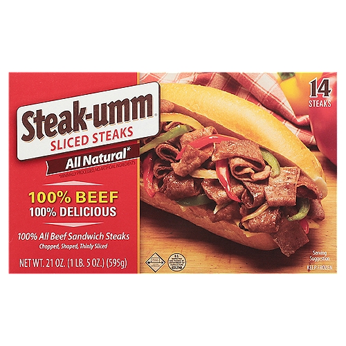 Steak-umm 100% Beef Sliced Steaks, 14 count, 21 oz
100% All Beef Sandwich Steaks Chopped, Shaped, Thinly Sliced

All Natural*
*Minimally Processed, No Artificial Ingredients

Steak-umm® Sliced Steaks are delicious, easy to prepare and ready in just two minutes. They're perfect for any meal or snack and are 100% beef, with no artificial anything.