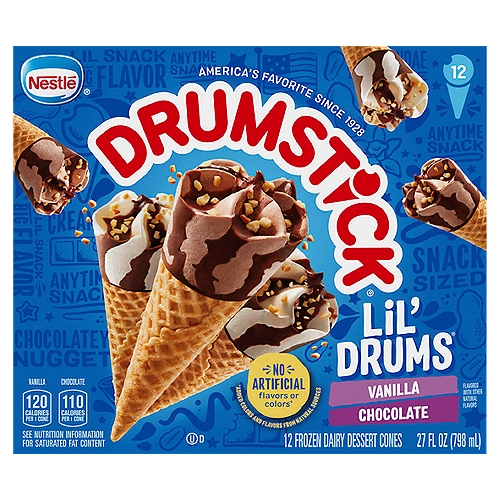 Nestlé Drumstick Lil' Drums Frozen Dairy Dessert Sundae Cones Snack Size, 12 count, 27 fl oz
Vanilla with Chocolatey Swirls
Chocolate with Chocolatey Swirls

Nestlé® Drumstick® Lil' Drums™ cones are ideal whenever you and your family want a lil' snack.

Thoughtful Portion™ 1 cone
These delicious treats are perfect for sharing with family, friends and a fun activity.

Good to know
At 110-130 calories Nestlé® Drumstick® Lil' Drums™ are the perfect snack for any occasion!