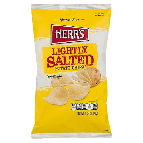 Herr's Lightly Salted Potato Chips, 2 3/4 oz
Contains 50% less sodium than our regular chips

Herr's® Lightly Salted Potato Chips: Sodium 90mg per 1 oz. serving
Herr's® Regular Salted Crisp 'n Tasty Potato Chips: Sodium 180mg per 1 oz. serving