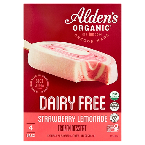 Alden's Organic Dairy Free Strawberry Lemonade Frozen Dessert, 2.5 fl oz, 4 count
What is Oregon Blend?

Our plant based recipe includes:
• Brown rice
• Oat flour
• Coconut oil
• Pea protein

Only the Good Stuff
No high fructose corn syrup
No artificial sweeteners
No artificial flavoring
No GMOs
No carrageenan

Made with lemon dairy-free dessert swirled with real organic strawberries, this sweet-tart duo is in everyone's corner.