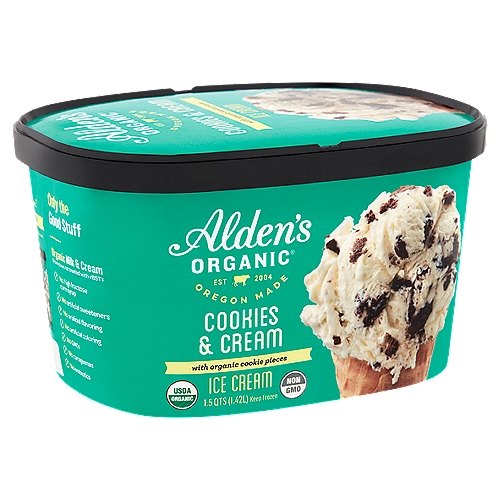 Alden's Organic Cookies & Cream Ice Cream, 1.5 qts
Only the Good Stuff
• No high fructose corn syrup
• No artificial sweeteners
• No artificial flavoring
• No artificial coloring
• No GMOs
• No carrageenan
• No antibiotics

Organic milk & cream from cows not treated with rBST‡
‡The FDA has stated that no significant difference has been shown between milk derived from rBST-treated cows and non-rBST-treated cows.