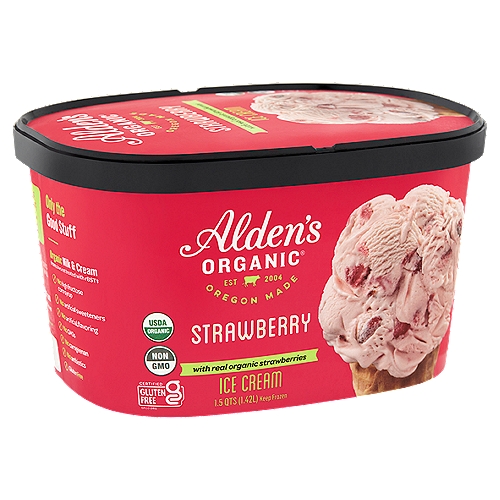 Alden's Organic Strawberry Ice Cream, 1.5 qts
Organic milk & cream from cows not treated with rBST‡
‡The FDA has stated that no significant difference has been shown between milk derived from rBST-treated cows and non-rBST-treated cows.