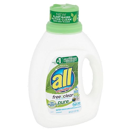 All Free Clear Pure Detergent with Stainlifters, 20 loads, 36 fl oz
New plant-based active clean*
*99% bio-based

20 loads♦
♦Contains 20 regular loads as measured to between lines 1 and 2.

Our unique, biodegradable formula contains plant-based cleaning ingredients, as well as traditional ingredients, to effectively fight tough stains. Hypoallergenic without dyes and perfumes, gentle for sensitive skin.

Safe for septic systems. Works effectively, even in cold water. As always, contains no phosphates.