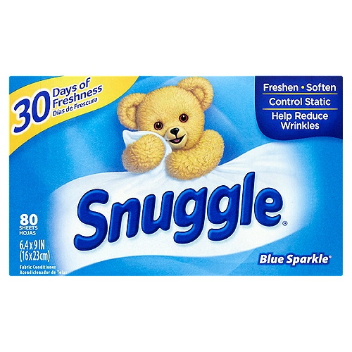 Snuggle Blue Sparkle Fabric Conditioner Sheets, 80 count
• Snuggle® Fabric Conditioner keeps your family's clothes snuggly soft, and fresh for 30 days!
• Snuggle® Fabric Conditioner sheets help reduce static cling!