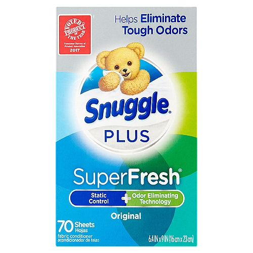 Voted Product of the Year® nConsumer Survey of Product Innovation 2017†n†Winner Fabric Conditioner category.nSurvey of 40,000 people by TNS.nnEnjoy the Snuggle® benefits you love like static control and lint prevention plus specially formulated odor eliminating technology and stronger, long-lasting freshness.*nn+ Odor Eliminating Technologyn• Designed to block tough odorn• Stronger, long lasting freshness*n*vs. Snuggle® Blue Sparkle® Sheets