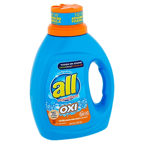 All Oxi Detergent with Stainlifters, 20 loads, 36 fl oz
New advanced formula*
*vs. all® original

Fights 100% of stain types.*
*bleachable, oily/waxy, enzymatic, particulate.

20 loads♦
♦Contains 20 regular loads as measured to between lines 1 and 2.