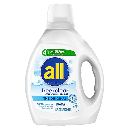 All Free Clear The Original Detergent, 58 loads, 88 fl oznWhen it comes to laundry care for sensitive skin, all Liquid Laundry Detergent is the obvious choice. This all hypoallergenic laundry detergent is the #1 recommended detergent brand by dermatologists, allergists and pediatricians for sensitive skin. 100% free of perfumes and dyes, all free clear is hypoallergenic and gentle on sensitive skin. Use with all free and clear fabric softener and dryer sheets for clean and soft clothes with static cling reduction in the dryer. This unscented, fragrance free detergent is safe to use in any washing machine including high efficiency (HE) and at any water temperature. All free and clear is also available in convenient mighty pacs. This package includes one 184.5-fluid-ounce bottle of all free clear liquid laundry detergent, enough for 123 loads. Medium Load, fill slightly below halfway. Large load, fill to top of cap. Pre-Treating: Rub a small amount directly onto the stain before washing. Check an inseam for colorfastness.