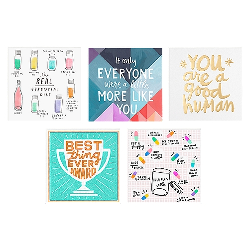 Hallmark Good Mail Blank Cards Assortment, 5 count
Each of the designs in this blank card assortment is the perfect way to send a message of celebration, thanks, encouragement, or support. Perfect for keeping on hand to show your appreciation or drop someone a line, just because, and brighten their day. A great addition to any stationery supply. The Hallmark brand is widely recognized as the very best for greeting cards, gift wrap, and more. For more than 100 years, Hallmark has been helping its customers make everyday moments more beautiful and celebrations more joyful.

halmark, american greetings, thinking of you cards, encouragement cards, in my thoughts cards, thank you cards, best friends, hello, blank cards with envelopes, just because, punny, assorted, bulk, boxed set, box set, for women, stationary, stationery