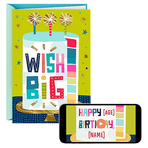 Hallmark 22 Personalized Video Greetings (BIRTHDAY)
Wow the birthday boy or birthday girl with a surprise inside their birthday card this year—a video from yours truly (and any other friends or family who want to join in on the celebration). To create your personalized video message: Remove the tab on the inside of the card and scan the unique code with the camera on your smart phone or device. Add a name, select a song, attach your videos and photos (you can invite others to join in, too!), then we'll quickly combine it all together. Give your personalized video greeting card to one of your favorite people to download, save, share and remember forever! Sure to make anyone feel extra special, it's the perfect gift card or money holder or accompaniment to a birthday gift. The Hallmark brand is widely recognized as the very best for greeting cards, gift wrap, and more. For more than 100 years, Hallmark has been helping its customers make everyday moments more beautiful and celebrations more joyful.

birthday cards, personalized cards, personalized birthday cards, for women, for men, sister, brother, mom, niece, friend, kids, girlfriend, boyfriend, in law, dad, son, daughter, grandson, granddaughter, grandma, grandpa, long distance, recordable