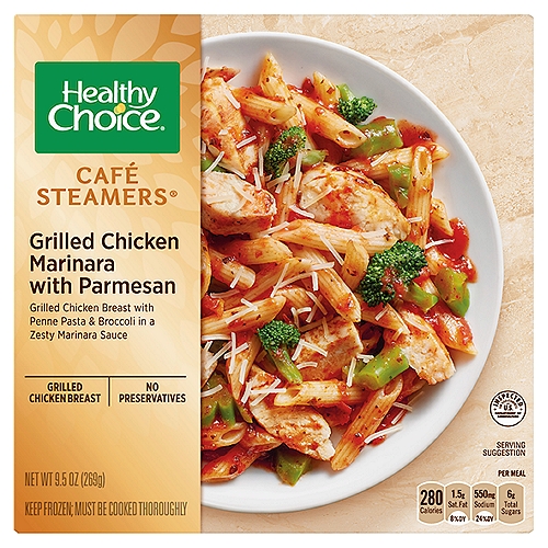 Healthy Choice Café Steamers Grilled Chicken Marinara with Parmesan, 9.5 oz
Grilled Chicken Breast with Penne Pasta & Broccoli in a Zesty Marinara Sauce

A Perfect Balance of taste and healthy