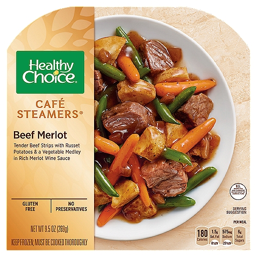 Healthy Choice Café Steamers Beef Merlot, 9.5 oz
Tender Beef Strips with Russet Potatoes & a Vegetable Medley in Rich Merlot Wine Sauce