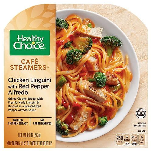 Healthy Choice Café Steamers Chicken Linguini with Red Pepper Alfredo, 9.8 oz
Grilled Chicken Breast with Freshly-Made Linguini & Broccoli in a Roasted Red Pepper Alfredo Sauce