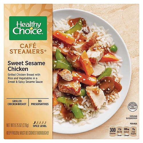 Healthy Choice Café Steamers Sweet Sesame Chicken, 9.75 oz
Grilled Chicken Breast with Rice and Vegetables in a Sweet & Spicy Sesame Sauce