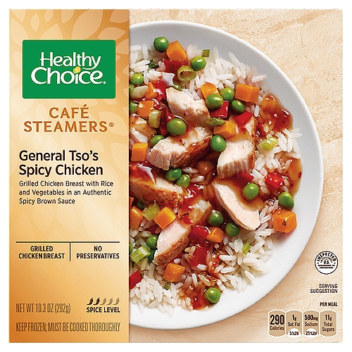 Healthy Choice Café Steamers General Tso's Spicy Chicken, 10.3 oz
Grilled chicken breast with rice and vegetables in an authentic spicy brown sauce

A Perfect Balance of taste and healthy