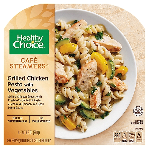 Healthy Choice Café Steamers Grilled Chicken Pesto with Vegetables, 9.9 oz
Grilled Chicken Breast with Freshly-Made Rotini Pasta, Zucchini & Spinach in a Basil Pesto Sauce