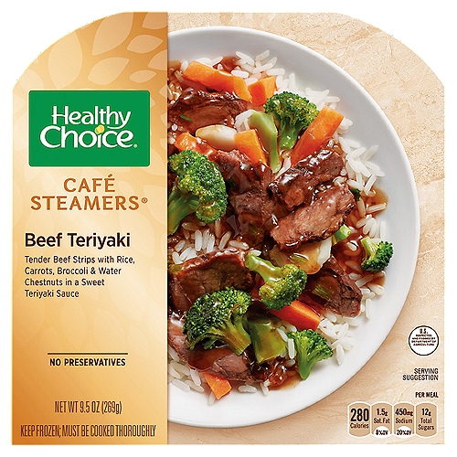 Tender Beef Strips with Rice, Carrots, Broccoli & Water Chestnuts in a Sweet Teriyaki Sauce