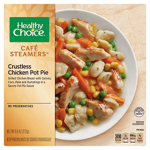 Healthy Choice Café Steamers Crustless Chicken Pot Pie, 9.6 oz
Grilled Chicken Breast with Carrots, Corn, Peas and Dumplings in a Savory Pot Pie Sauce

A Perfect Balance of taste and healthy