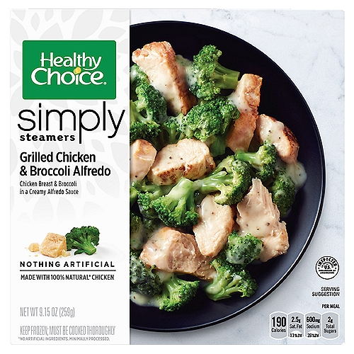 Healthy Choice Simply Steamers Grilled Chicken & Broccoli Alfredo, 9.15 oz
Chicken Breast & Broccoli in a Creamy Alfredo Sauce

Made with 100% Natural* Chicken
*No Artificial Ingredients. Minimally Processed.

Our Grilled Chicken and Broccoli Alfredo is made with real ingredients that are minimally processed and have no artificial...well, anything!