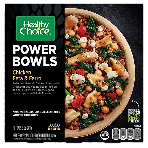 Healthy Choice Power Bowls Chicken Feta & Farro, 9.5 oz
Pulled All Natural* Chicken Breast with Chickpeas and Vegetables served on top of Farro with a Garlic Oregano Sauce topped with Feta Cheese

Each Ingredient Matters
Our culinary approach insists that every ingredient matters. A combination of simple ingredients such as whole grains, mixed greens, vegetables, and pulled all natural* chicken breast. Served in a variety of bold flavors.

Grains - Whole grain farro
Dark Leafy Greens - Blend of chard, kale & spinach
Sauce - Garlic oregano
Seasoned Chicken - Made with all natural* chicken raised without antibiotics
Vegetables - Chickpeas tomatoes
Topping - Feta cheese
*No Artificial Ingredients. Minimally Processed.