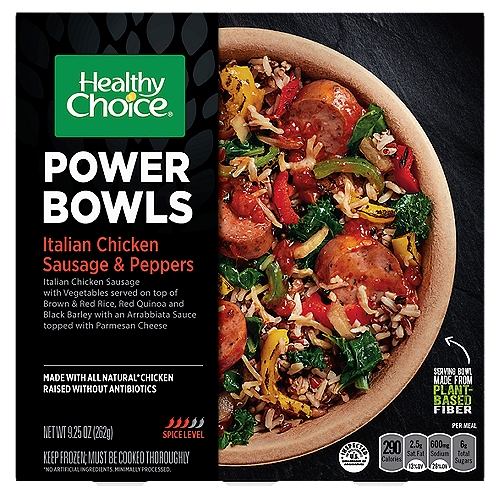 Healthy Choice Power Bowls Italian Chicken Sausage & Peppers, 9.25 oz
Italian Chicken Sausage with Vegetables served on top of Brown & Red Rice, Red Quinoa and Black Barley with an Arrabbiata Sauce topped with Parmesan Cheese

Each Ingredient Matters
Our culinary approach insists that every ingredient matters. A combination of simple ingredients such as whole grains, mixed greens, vegetables, and Italian Chicken Sausage.
Served in a variety of bold flavors.

Grains 
Mixture of whole grain brown & red rice, red quinoa & black barley

Dark Leafy Greens 
Blend of chard, kale & spinach

Sauce 
Arrabiata

Italian Chicken Sausage 
Made with all natural* chicken raised without antibiotics

Vegetables 
Roasted red, yellow & green bell peppers and caramelized onions

Topping 
Shredded parmesan
*No Artificial Ingredients. Minimally Processed.