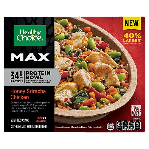 Feel UNSTOPPA-BOWL with Healthy Choice Max Bowl Honey Sriracha Chicken Frozen Meals. Made with grilled chicken breast and vegetables served on top of a multigrain blend with a sweet and spicy chili sauce topped with green onions, this microwavable meal is an excellent source of protein with 34 grams per serving. Great for busy weeknights or a non-prep lunch, Healthy Choice Max Protein Bowls are easy, healthy meals that are ready in minutes.nnGrilled Chicken Breast with Vegetables Served on Top of a Multigrain Blend with a Sweet & Spicy Chili Sauce Topped with Green Onionsnn40% Larger† than Healthy Choice Power Bowlsn†Compared to average 9.5 oz weight of healthy choice power bowlsnnMore of A Good Thing Is A Good ThingnWe carefully selected ingredients that are nutritious and delicious to give you a meal with 34g of protein to help fill you up and leave you satisfied. So it's more of the good stuff you love.nGrains blend - A delicious mixture of multigrain brown rice, red rice, red quinoa, and black barleynDark leafy greens - A hearty blend of kale, chard, and spinach adds rich color and flavornHoney sriracha sauce - A sweet and spicy Asian-style sauce made with honey, sriracha sauce, ginger, garlic, soy sauce, and a topping of scallions for a tasty finishing touchnVegetables - A tender mix of red bell peppers, shoestring carrots, and edamame adds delicious texturenChicken - Marinated, tender, juicy, and delicious chicken adds outstanding flavor