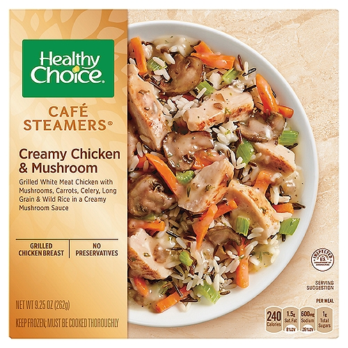 Healthy Choice Café Steamers Creamy Chicken & Mushroom, 9.25 oz.
Grilled White Meat Chicken with Mushrooms, Carrots, Celery, Long Grain & Wild Rice in a Creamy Mushroom Sauce