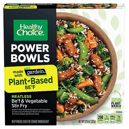Healthy Choice Power Bowls Meatless Be'f & Vegetable Stir Fry, 9.25 oz
Feel UNSTOPPA-BOWL with Healthy Choice Power Bowls Be'f & Veggie Stir Fry Frozen Meals. Made with Gardein plant-based be'f, flavorful vegetables and quality seasonings, it's a Meatless Monday meal everyone can feel good about eating. This Be'f & Veggie Stir Fry variety combines plant-based be'f and vegetables in a soy sesame sauce, topped with sesame seeds. These frozen, single-serve meals are great for an easy lunch or dinner and can be prepared in the microwave in minutes. Quick, convenient and delicious, all while providing a tasty meatless protein. Choose Healthy Choice Power Bowls.
