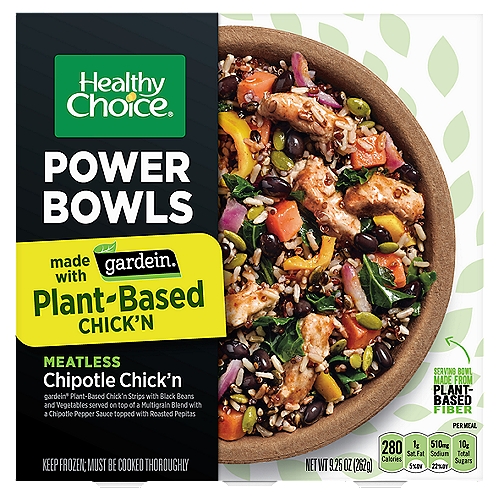 Healthy Choice Power Bowls Meatless Chipotle Chick'n, 9.25 oz
Gardein® Plant-Based Chick'n Strips with Black Beans and Vegetables Served on Top of a Multigrain Blend with a Chipotle Pepper Sauce Topped with Roasted Pepitas

Made with Plant-Based Gardein® Chick'n

Made with Gardein® Meat-Free, Plant-Based Proteins
There's something different (and delicious) inside this Power Bowl, and it comes from plants. We switched things up with tender pieces of Gardein meat-free, plant-based chick'n instead of regular chicken. You won't believe the taste and texture. Whether you're going meatless or just eating less meat, it's a simple and satisfying swap so you can get more plant-based protein from every bite.

Brown Rice & Ancient Grains - Brown rice, red rice, red quinoa, black barley
Dark Leafy Greens - Blend of chard, kale & spinach
Chipotle Pepper Sauce
Vegetables - Sweet potatoes, red onions, yellow bell peppers
Seeds - Pepitas
Legumes - Black beans
Gardein® Plant-Based Chick'n Strips