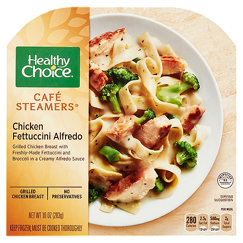 Healthy Choice Café Steamers Chicken Fettuccini Alfredo, 10 oz
Grilled Chicken Breast with Freshly-Made Fettuccini and Broccoli in a Creamy Alfredo Sauce