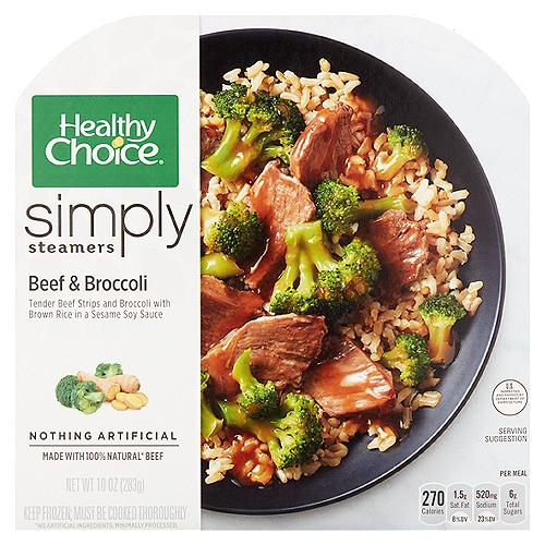 Tender Beef Strips and Broccoli with Brown Rice in a Sesame Soy SaucennMade with 100% natural* beefn*No artificial ingredients. Minimally processed.nnOur Beef & Broccoli is made with real ingredients that are minimally processed and have no artificial...well, anything!