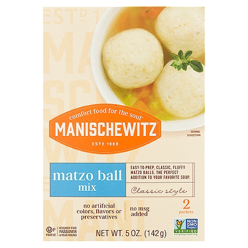 Manischewitz Classic Style Matzo Ball Mix, 2 count, 5 oz
Easy-to-prep, classic, fluffy matzo balls. The perfect addition to your favorite soup.

Perfectly Prepared "Bubby" Style.
There's just something about a simple bowl of chicken matzo ball soup that satisfies and nourishes like nothing else. Our traditional & simple comfort foods were born in the kitchens of Jewish grandmothers (known as “bubby” in Yiddish). At Manischewitz®, we continue in this wholesome tradition to this very day. Here, have some more.

Manischewitz® matzo ball mix makes matzo balls with that “just right” fluffy, light texture. Perfect in chicken soup.