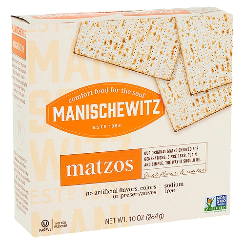 Manischewitz Matzos, 10 oz
Matzo lets your toppings do the talking!
The simple, clean flavor and satisfying snap of matzos makes it a versatile backdrop for dips, spreads and creative recipes. Matzo lets your toppings do the talking!

Manischewitz® matzos are made with simple ingredients. Their crispy texture and light flavor make them perfect with any topping or spread.