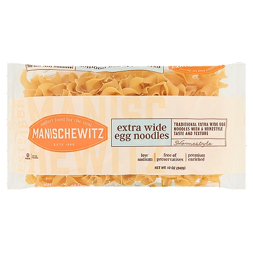 Manischewitz Extra Wide Egg Noodles, 12 oz
Traditional Extra Wide Egg Noodles with a Homestyle Taste and Texture