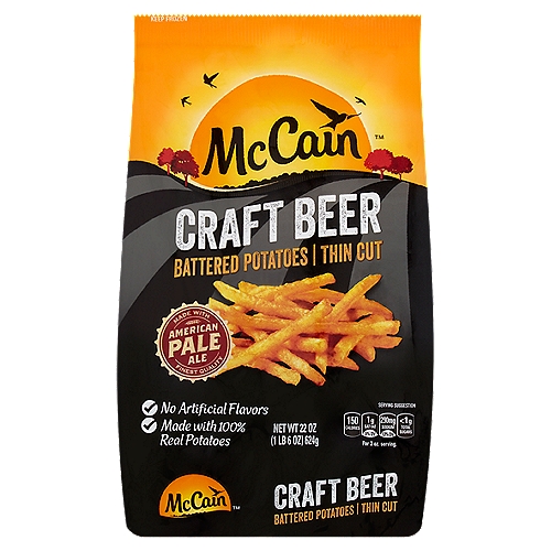 McCain Craft Beer Thin Cut Battered Potatoes, 22 oz
Real Potato Goodness
Wash...
Peel...
...Cut & season
McCain® potatoes are made with no artificial colors or flavors.
That means natural potato goodness your family will love and you'll be proud to serve.