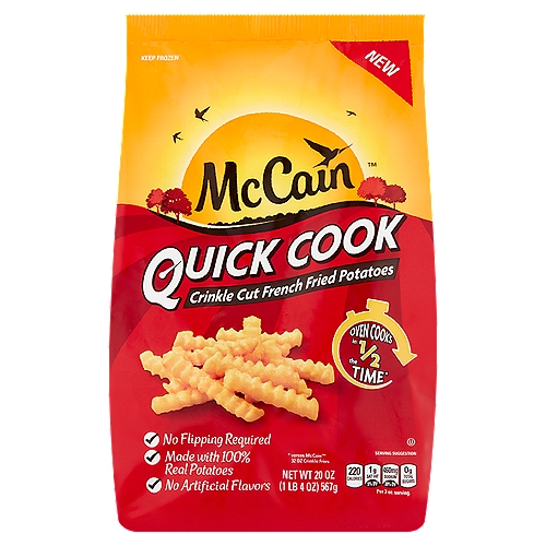 McCain Quick Cook Crinkle Cut French Fried Potatoes, 20 oz
Oven Cooks in 1/2 the Time*
*versus McCain™ 32 oz Crinkle Fries

Quick Cook Fries are quality potatoes that oven cook in half the time of Traditional McCain Crinkle Fries! No flip required! We cook them longer so you can spend less time baking and more time sharing food and memories with friends and family. McCain Quick Cook Fries make a perfect side dish or afternoon snack. Try a bag today!