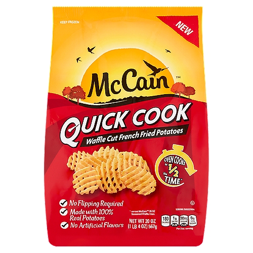 McCain Quick Cook Waffle Cut French Fried Potatoes, 20 oz
Oven Cooks in 1/2 the Time*
*versus McCain™ 26 oz Seasoned Waffle Fries

Quick Cook Fries are quality potatoes that oven cook in half the time of Traditional McCain Seasoned Waffle Fries! No flip required! We cook them longer so you can spend less time baking and more time sharing food and memories with friends and family. McCain Quick Cook Fries make a perfect side dish or afternoon snack, try a bag today!