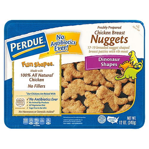 Fully cooked dinosaur shaped chicken nuggets. Made with only white meat chicken. No fillers. Keep refrigerated.
