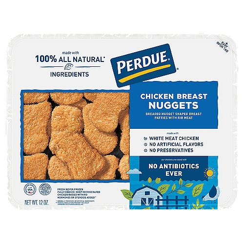Simply heat and eat - PERDUE Breaded Chicken Breast Nuggets are fully cooked and ready to use as a quick meal party appetizer or even a protein-packed snack! These white meat chicken breast nuggets are perfect for adults and kids alike. Made with only white meat chicken breast no fillers and coated with a crispy seasoned breading they're sure to make mealtime quick and delicious! At PERDUE, we're hungry for better chicken and that means paying attention to all of the details, no matter how big or small. We believe our practices - like providing healthy feed and a happy environment for our chickens - lead to better-tasting chicken. And we think you'll agree: take one bite and taste the difference that comes from our relentless pursuit of better-tasting chicken.