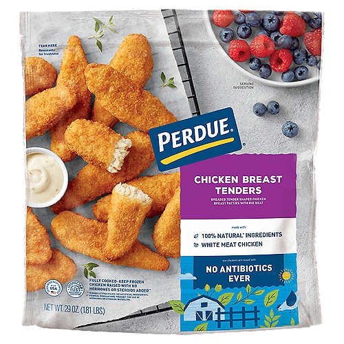 From freezer to table in minutes - PERDUE® Breaded Chicken Breast Strips are frozen and fully cooked for your convenience. Made with only white meat chicken breast, no fillers, and coated with a crispy, seasoned breading. Serve these strips with your favorite dipping sauce, and even as a pasta or salad topping. Simply heat what you need and store the rest for later!nnBreaded Tender Shaped Chicken Breast Patties with Rib MeatnnMade with Made with 100% Natural* Ingredients and White Meat Chickenn*Minimally Processed. No Artificial Ingredients.nnChicken Raised with No Hormones or Steroids Added**n** Federal Regulations Prohibit the Use of Hormones or Steroids in Poultry.nnCage Free‡n‡ Chickens are raised cage-free, not confined to cages.