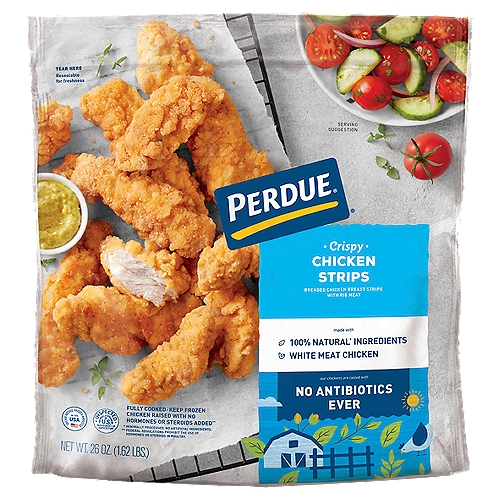 From freezer to table in minutes - PERDUE® Crispy Chicken Strips are frozen and fully cooked for your convenience. Made with only white meat chicken breast strips, no fillers, and coated with a crispy, seasoned breading. They are an easy, flavorful salad topping, pasta topping, or great served on their own. Simply heat what you need and store the rest for later! At PERDUE, we're hungry for better chicken and that means paying attention to all of the details, no matter how big or small. We believe our practices - like providing healthy feed and a happy environment for our chickens - lead to better-tasting chicken. And we think you'll agree: take one bite and taste the difference that comes from our relentless pursuit of better-tasting chicken.