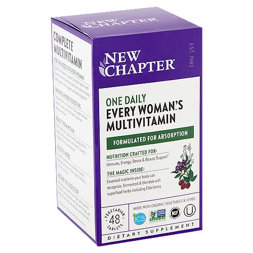 New Chapter One Daily Every Woman's Multivitamin Dietary Supplement, 48 count
Nutrition Crafted for: Immune, energy, stress & beauty support*

The Magic Inside: Essential nutrients your body can recognize, fermented & blended with superfood herbs including elderberry

Complete Multivitamin
For the Needs of Every Woman
Expertly formulated to support the holistic health needs of women, with nutrients for heart, brain, bone and breast health support, stress support, and healthy digestion.*

Immune & Energy Boosting
Fermented zinc† and vitamins C & A support immune system function, while 8 B vitamins promote energy metabolism.*

Beauty from Within
Fermented biotin† supports keratin production for healthy hair & nail growth, and vitamin C protects collagen for firm, nourished skin.*

Holistic Herbs
Inspired by tradition and grounded in science, advanced botanicals include organic elderberry, turmeric and Maca.

Absorb the Good Stuff
We fine-tune the levels of each high-quality vitamin & mineral, choose types that work best with the body, and ferment key nutrients with probiotics and whole foods.

*These statements have not been evaluated by the Food and Drug Administration. This product is not intended to diagnose, treat, cure, or prevent any disease.
† Not a sole source of this nutrient; a healthy diet is also important.