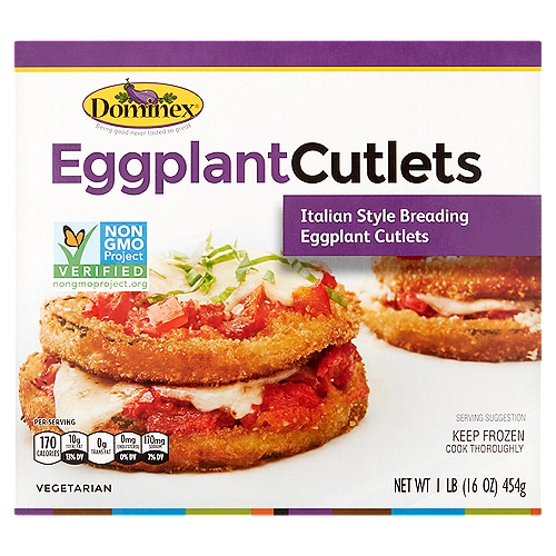 Dominex Eggplant Cutlets Italian Style Breading Eggplant Cutlets, 1 lb
Our Eggplant Cutlets are the ideal way to make Eggplant Parmesan in just a few simple steps. Made with farm grown eggplant, our Cutlets are perfectly breaded. No slicing. No messy prep. Try our Cutlets in a traditional Eggplant Parmesan or create a new twist on your favorite meal. Simply cook, serve and enjoy!

Our Eggplant Cutlets use only hand-picked eggplant that is prepared and packaged within days of being harvested.