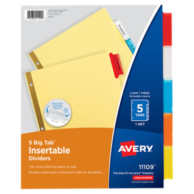Avery(R) Big Tab(TM) Insertable Dividers, Buff Paper, 5-Tab Set, Multicolor (11109)